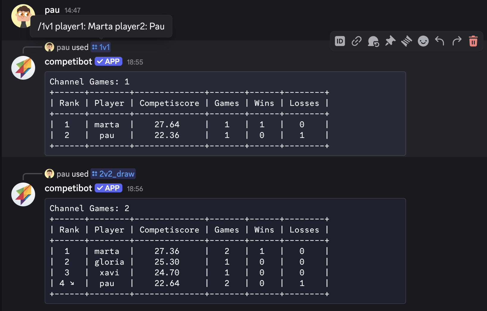 competibot in Discord showing 1v1 and 2v2 leaderboards